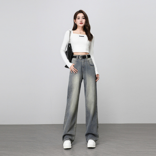 女怀旧兰高腰显瘦直筒裤 高街星空纹阔腿牛仔裤 美式 459 高品质