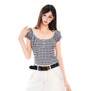 春夏新款 26ss 上衣短款 泡泡袖 纽扣蕾丝花边显瘦 2026格子短袖