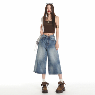 女夏新款 潮源美式 牛仔裤 垂感直筒七分裤 复古显瘦高腰宽松阔腿裤