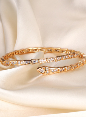 轻奢 满天星玫瑰金蛇骨手镯18k满钻蛇型开口镶钻网红个性时尚手环