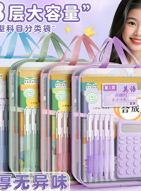 L型科目分类袋透明文件袋拉链式学生用拉链网格收纳包大开口手提拎书袋初中生作业补习袋档案袋试卷收纳袋子