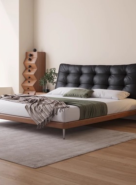 2025新款大黑熊悬浮床意式极简真皮主卧大床黑色中古风实木双人床