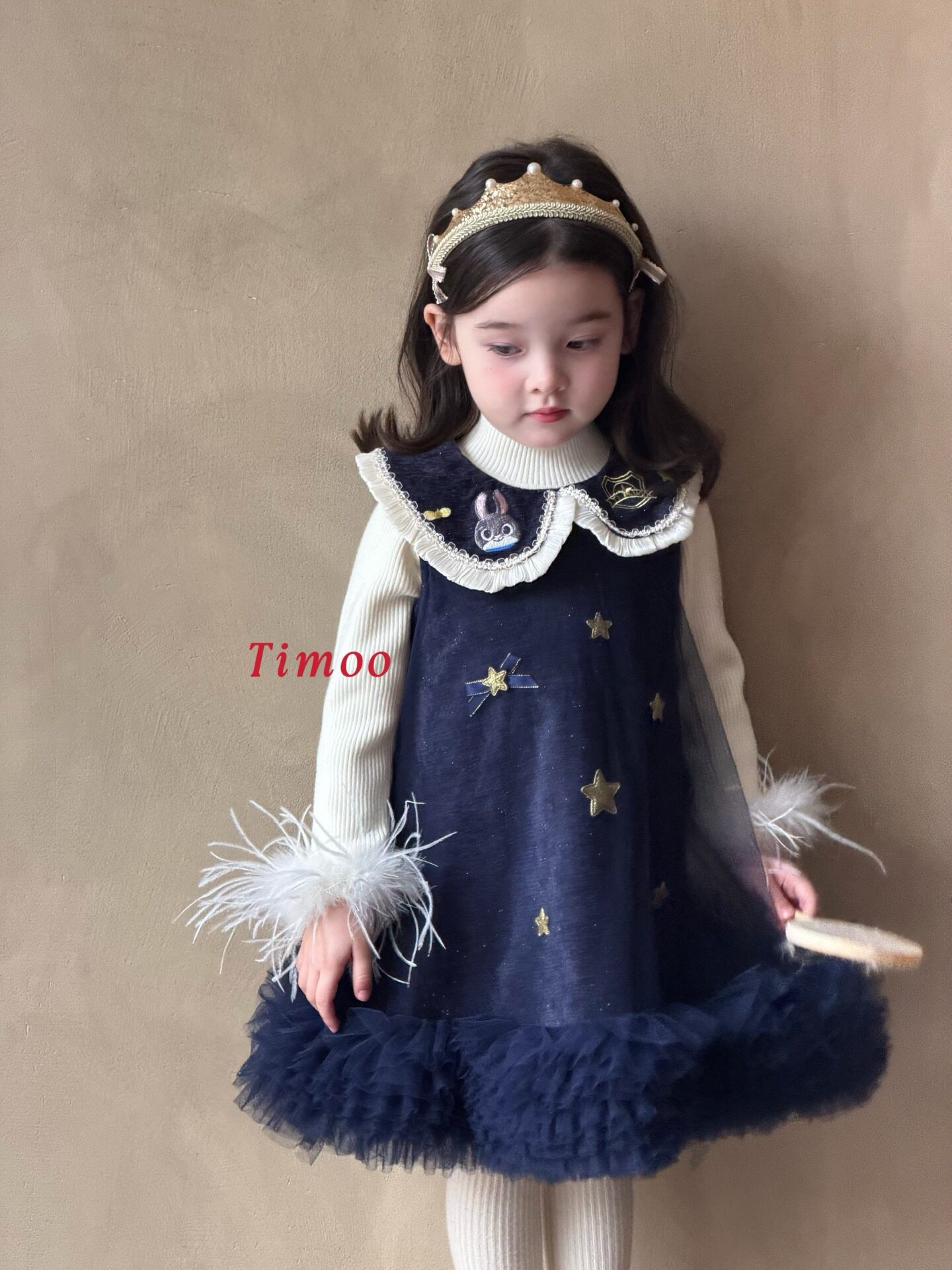 Timo 女童月亮星星网纱背心裙25冬新款兔子警官儿童洋气公主裙908