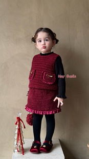 苏西25秋冬新款女童韩版小童洋气可爱背心裙套装红色新年服公主裙