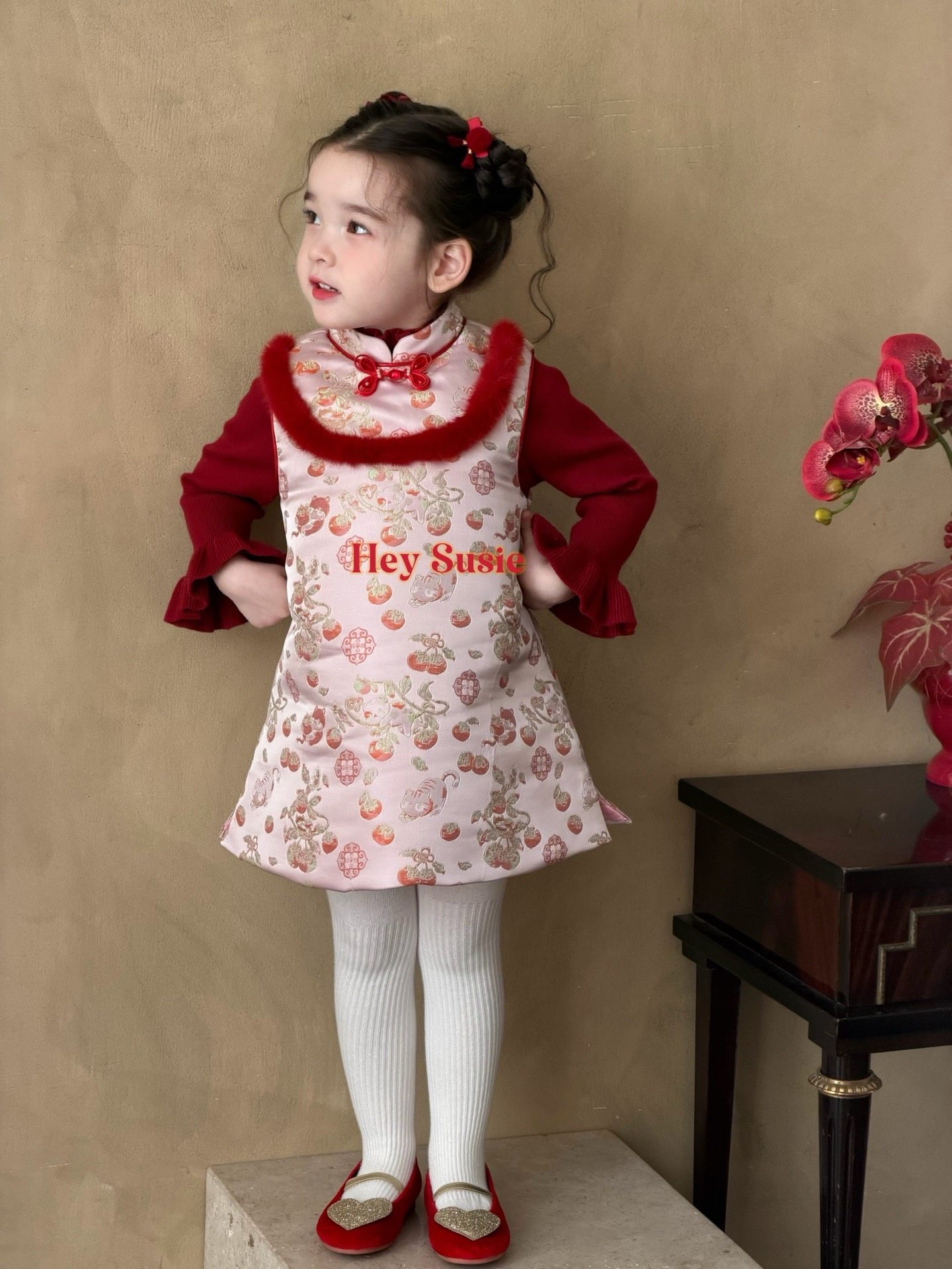 Susie苏西女童25新款新中式国风盘扣加绒古风马甲背心裙套装7759