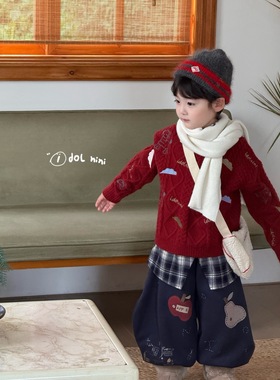 正版idol男女童毛衣儿童秋冬25新款保暖洋气红色针织衫宝宝牛仔裤