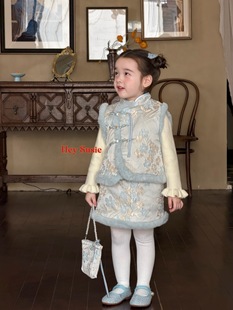 苏西susie女童25新中式 拜年服7233 蓝色旗袍马甲半身裙提花套装