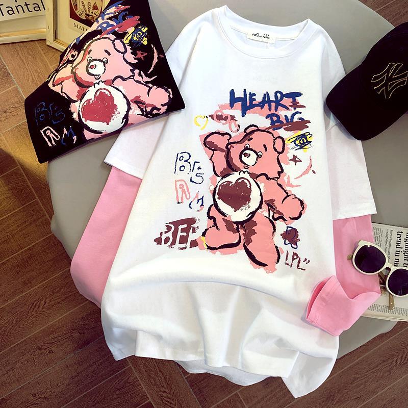 Spring new print loose age reduction stitching fake two long sleeve T-shirt