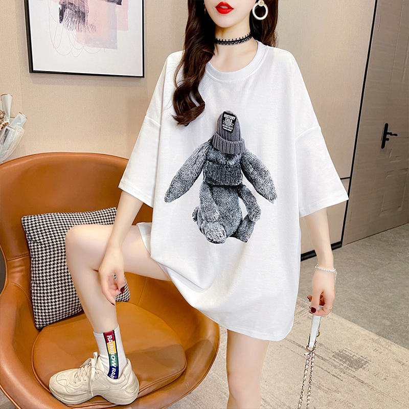 Real shot of new summer towel hat craft printed short sleeve T-shirt women's loose large women's top fat