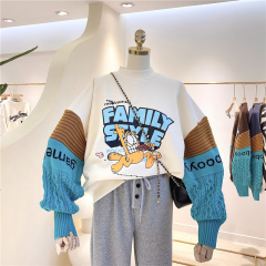 Cartoon printing compound Plush versatile cartoon stitching sweater with loose sleeve and large size
