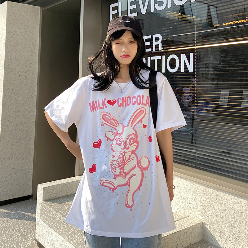 Real shot of new fashion brand heavy industry iron drill white T-shirt loose size short sleeve top