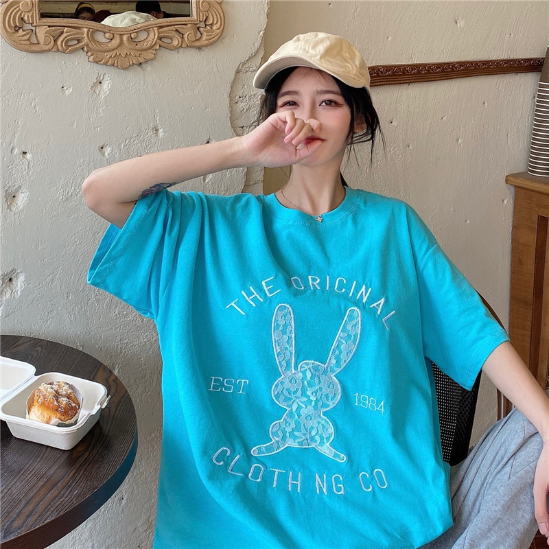 Real photo 2021 summer new lace embroidered rabbit loose medium length short sleeve T-shirt for women