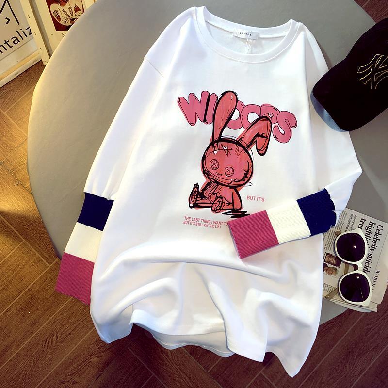 New cartoon printed knitted sleeve stitching long sleeve T-shirt women's Korean loose size top fashion