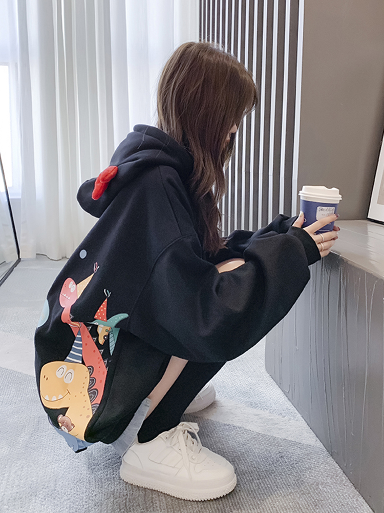 Medium length Plush thickened hooded sweater women's Korean version loose autumn and winter fashion new lazy style