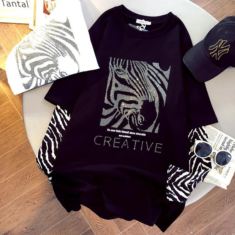 2021 new heavy industry hot drill zebra pattern splicing long sleeve net red and fake two-piece T-shirt for women