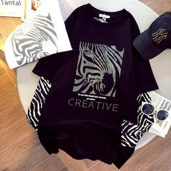 2021 new heavy industry hot drill zebra pattern splicing long sleeve net red and fake two-piece T-shirt for women