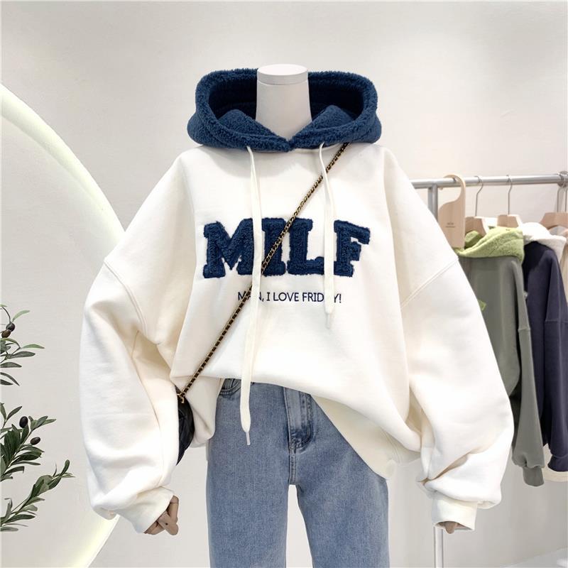 Official picture new style cashmere thickened letter splicing lamb sweater winter loose large size coat woman