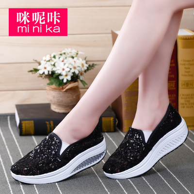 咪呢咔春蕾丝厚底松糕亮片一脚蹬