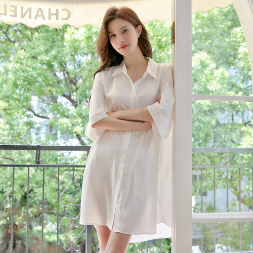 冰丝睡裙女春夏季男友风衬衫睡衣