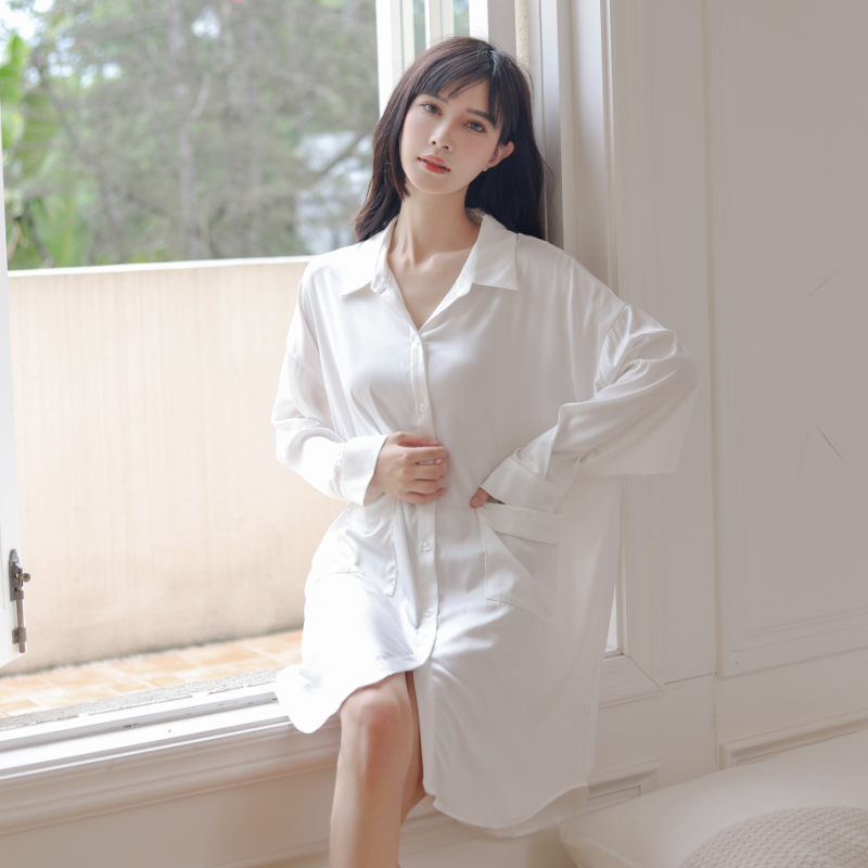 冰丝睡裙春秋季2025新款纯色长袖睡衣女中长款宽松大码性感衬衫裙
