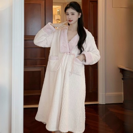 睡袍女款冬季珊瑚绒加厚加绒性感长款浴袍冬天晨袍法兰绒睡衣外套