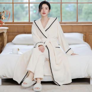 珊瑚绒睡袍女秋冬加绒加厚长款 法兰绒睡衣晨袍连帽浴袍家居服套装