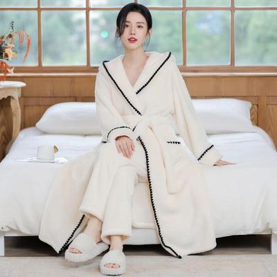 珊瑚绒睡袍女秋冬加绒加厚长款法兰绒睡衣晨袍连帽浴袍家居服套装