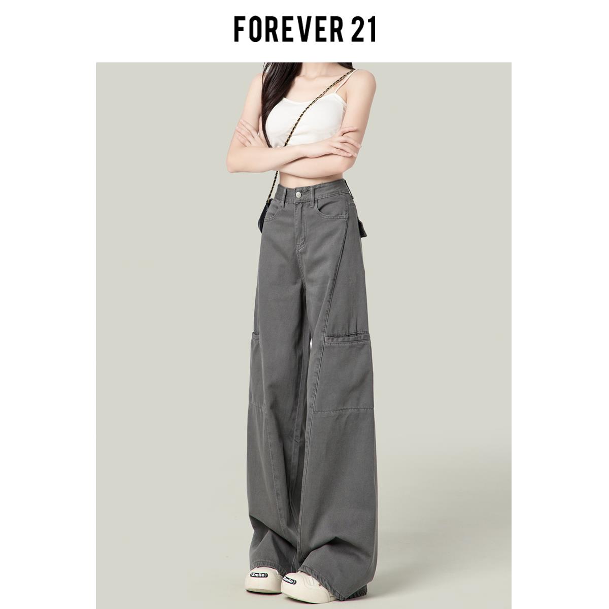 FOREVER 21水泥灰美式阔腿工装裤女2024新款复古高腰直筒牛仔裤子