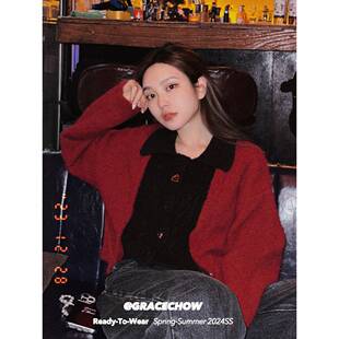 GRACECHOW周扬青 假两件红色毛衣开衫女春秋新款软糯设计感针织衫