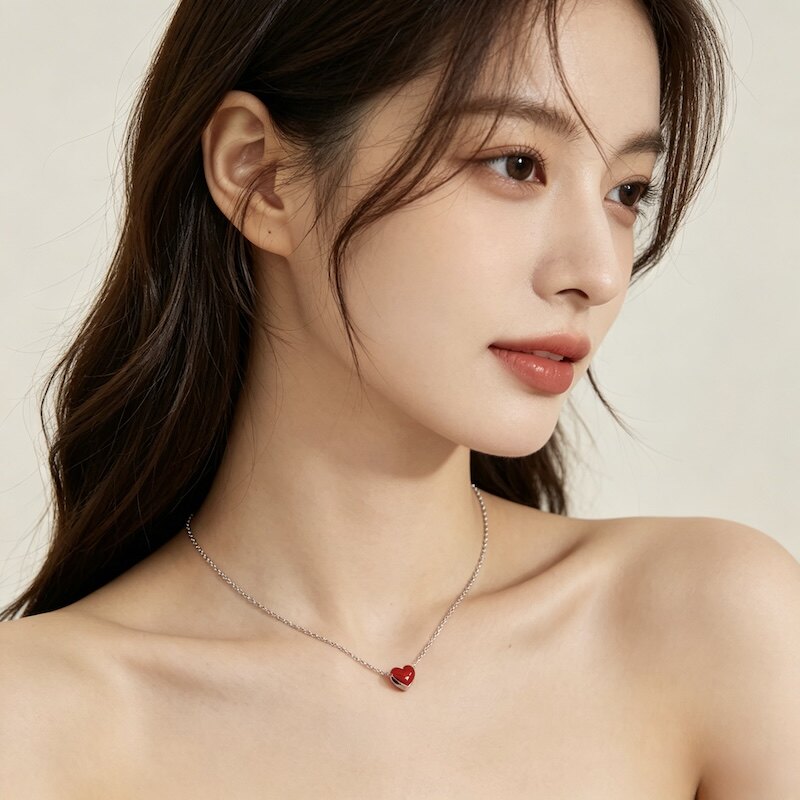 S925纯银红色爱心项链女小众轻奢滴釉小红心锁骨链简约百搭送女友