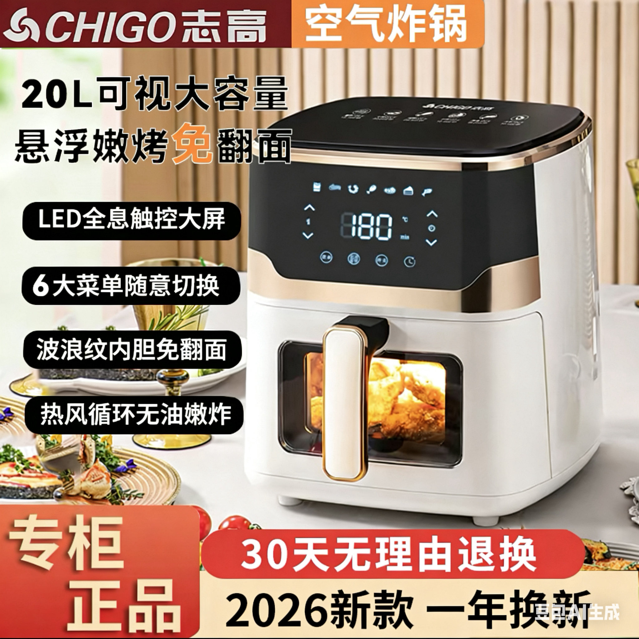 志高空气炸锅Chigo大容量20L可视家用电烤箱智能全自动