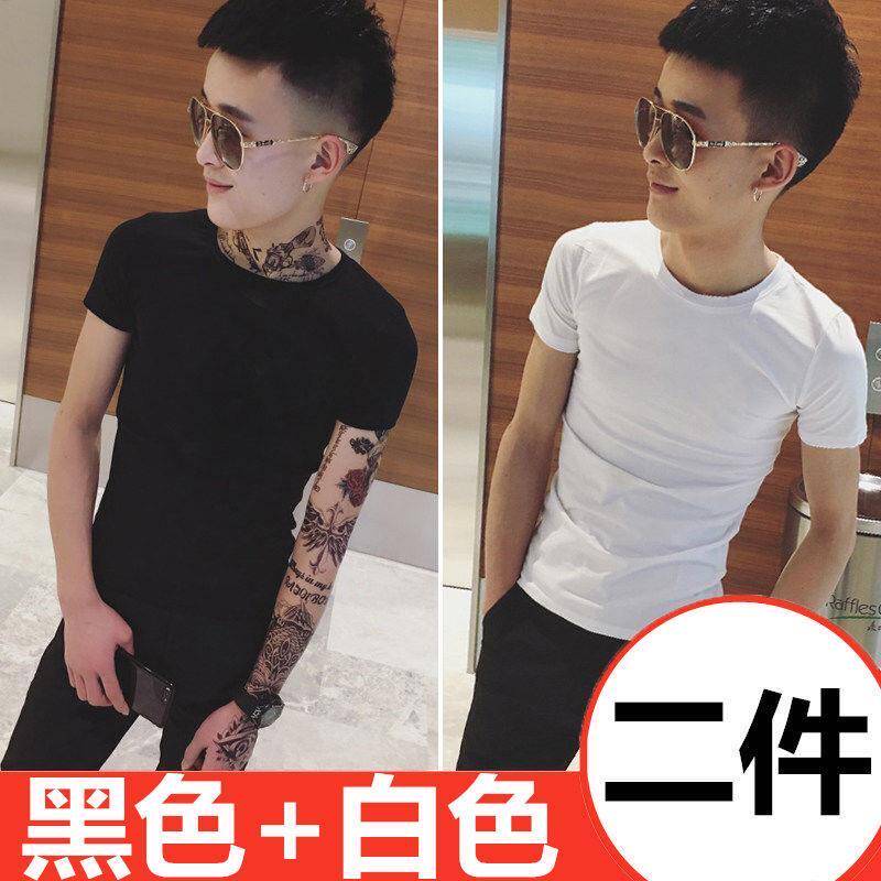 精神小伙短袖T恤男士圆领纯色打底衫夏季网红百搭潮流半袖白体恤