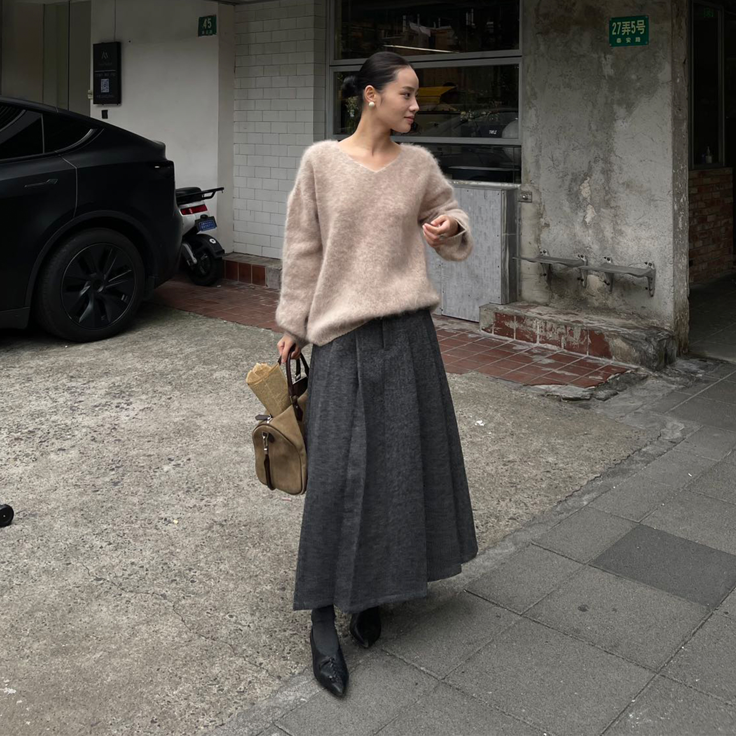 PURITYY灰色羊毛毛呢半裙遮胯百搭裙子显瘦半身裙小个子a字百褶裙