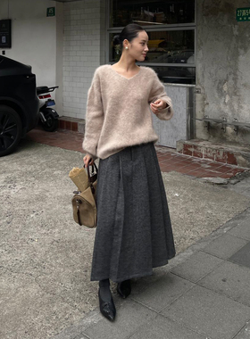 PURITYY灰色羊毛毛呢半裙遮胯百搭裙子显瘦半身裙小个子a字百褶裙
