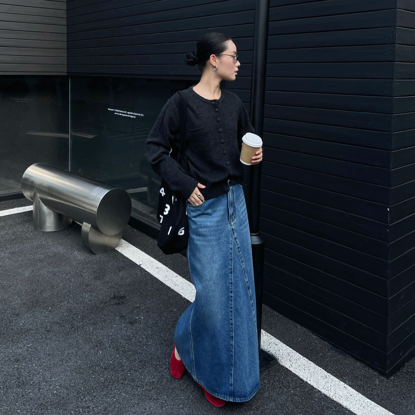 PURITYYH慵懒风极简时尚牛仔蓝休闲遮胯半身裙百搭高腰A字裙长裙