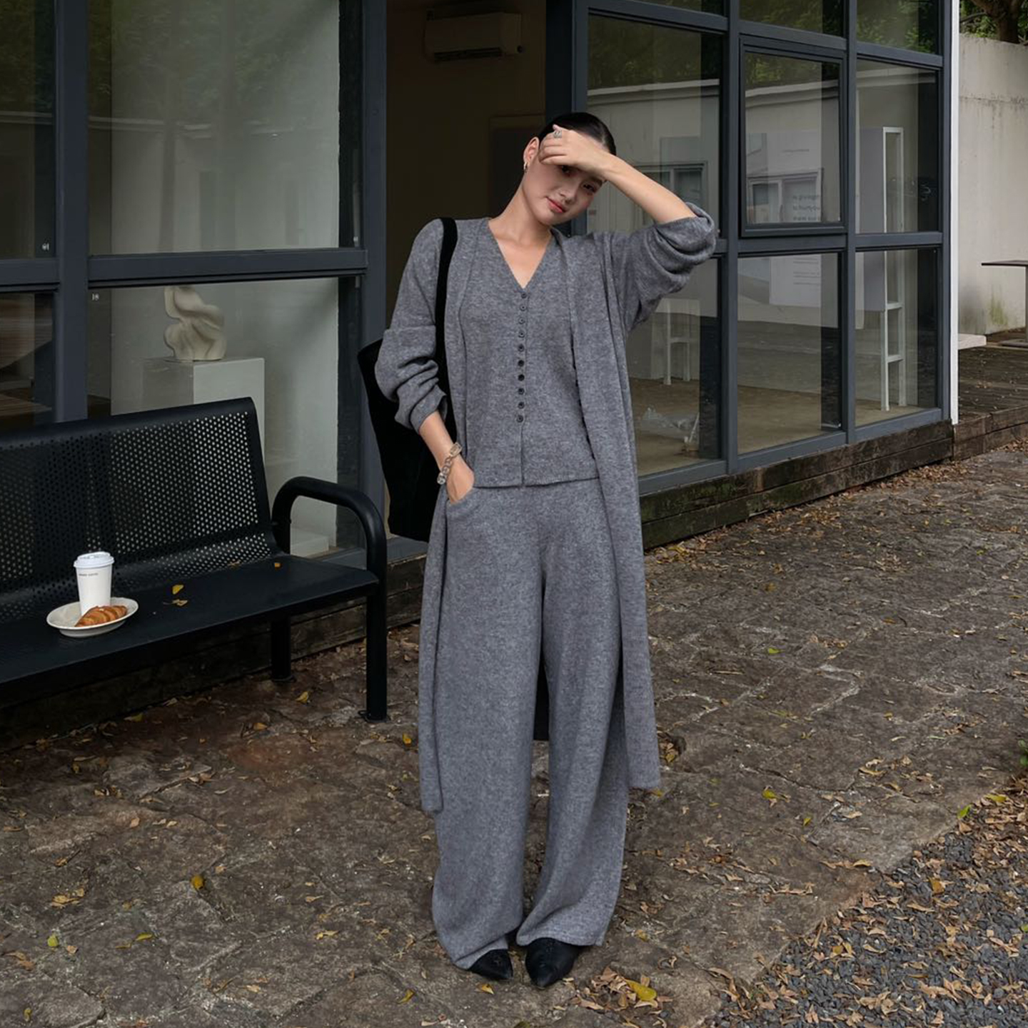 PURITYYH韩系慵懒风百搭羊毛针织背心马甲休闲阔腿裤中长开衫外套