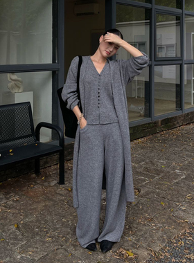 PURITYYH韩系慵懒风百搭羊毛针织背心马甲休闲阔腿裤中长开衫外套