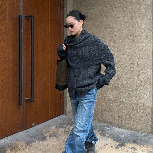 PURITYYH简约不规则毛衣女冬季慵懒风可拆卸披肩两件套针织衫上衣