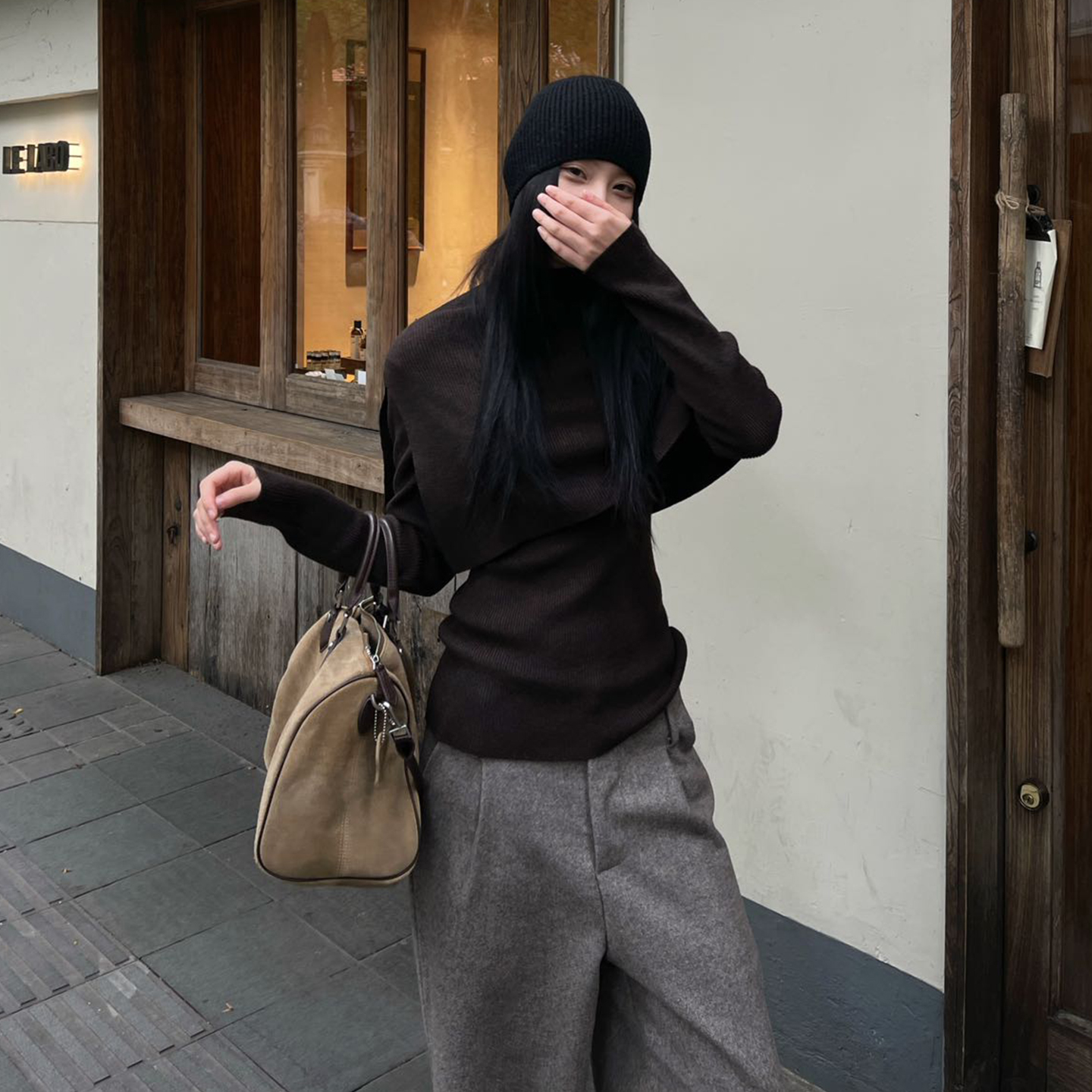 高领斗篷羊毛毛衣女秋冬季2025慵懒风高级感内搭针织上衣两件套装