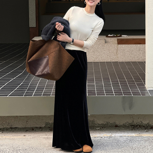 PURITY韩系简约女休闲秋季新款高腰半裙显瘦黑色金丝绒半身裙长裙