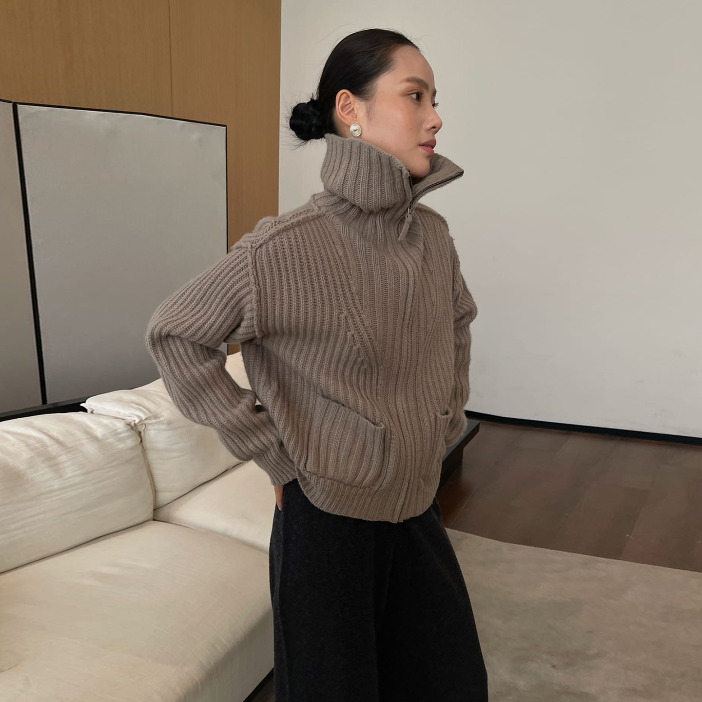 PURITYYH小众极简遮肉显瘦慵懒羊毛针织开衫秋冬宽松高领毛衣外套