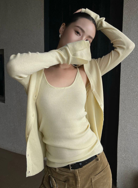 PURITYYH小众极简时尚百搭针织吊带背心开衫长袖针织衫上衣开衫