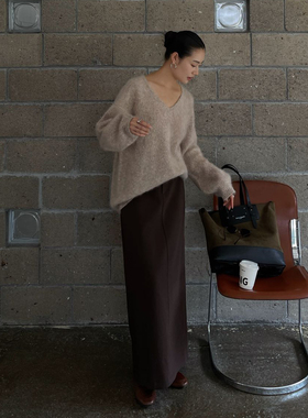 PURITY YH原创极简A字直筒半身裙冬季咖色显瘦时尚长裙百搭半裙