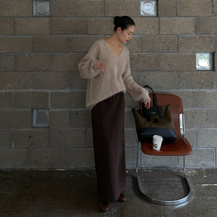 长裙百搭半裙 咖色显瘦时尚 PURITY YH原创极简A字直筒半身裙冬季