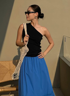 PURITY YH 小众简约不规则露肩时尚吊带背心黑色百搭气质斜肩上衣