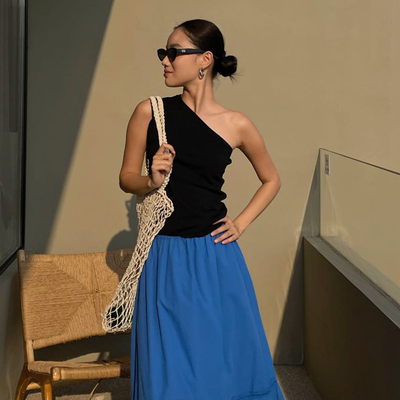 PURITY YH 小众简约不规则露肩时尚吊带背心黑色百搭气质斜肩上衣