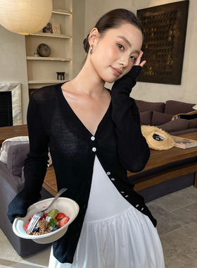 PURITY YH小众简约黑色修身开衫长袖针织衫轻空调时尚外套上衣女