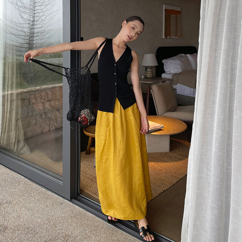 PURITY YH 小众简约橘黄色时尚松紧腰半身裙亚麻百搭中长款半裙女