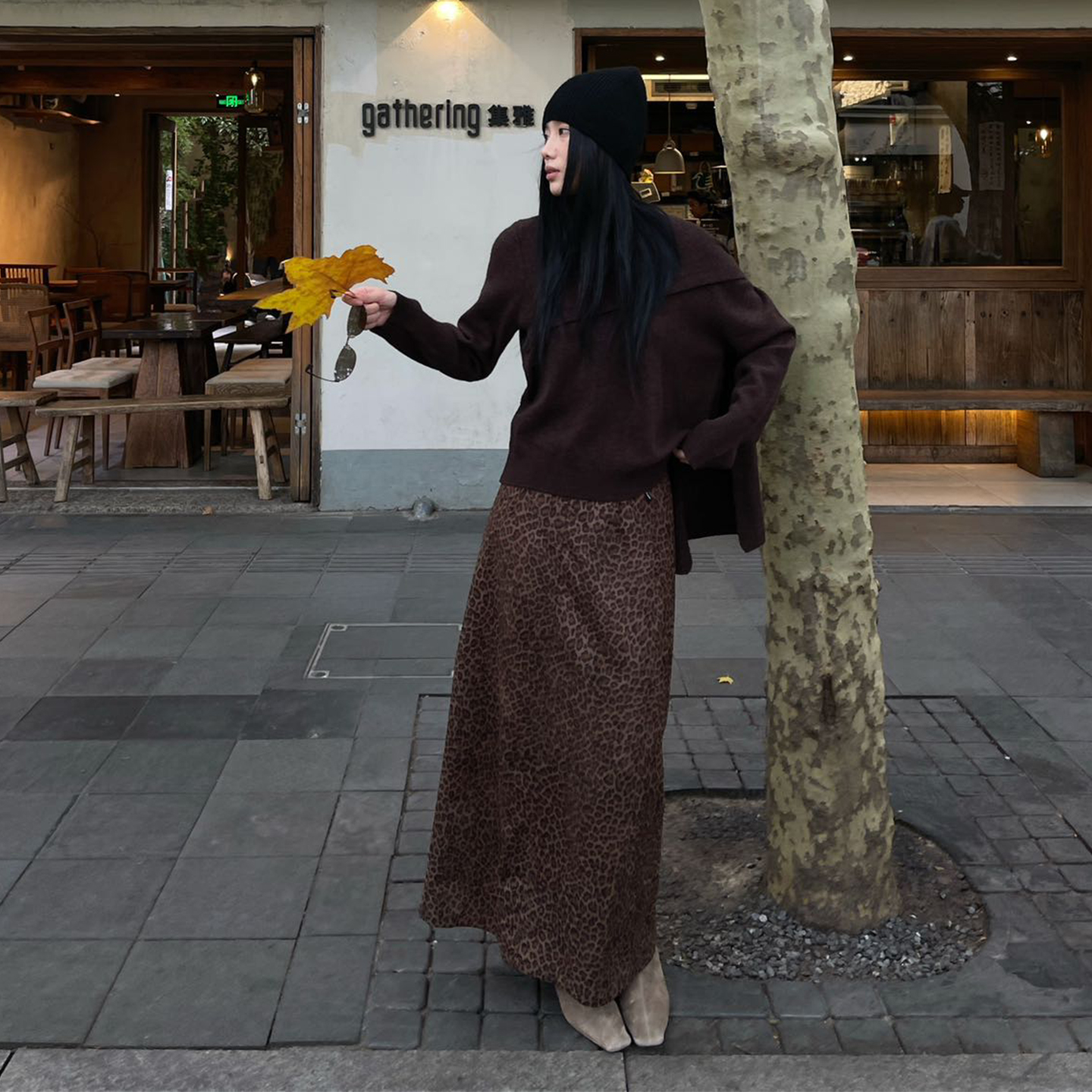 PURITYY时髦豹纹半身裙女秋冬2025新款后开叉气质a字显瘦中长裙子