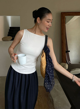 PURITYYH美式复古辣妹时髦一字领无袖背心夏季减龄修身体恤上衣